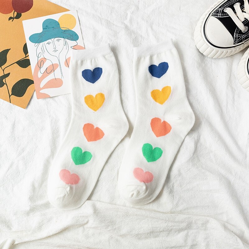 Grappige katoenen sokken dames schattig hart kleurrijk casual harajuku japans koreaans middelbare school meisjes crew pop socket: Wit