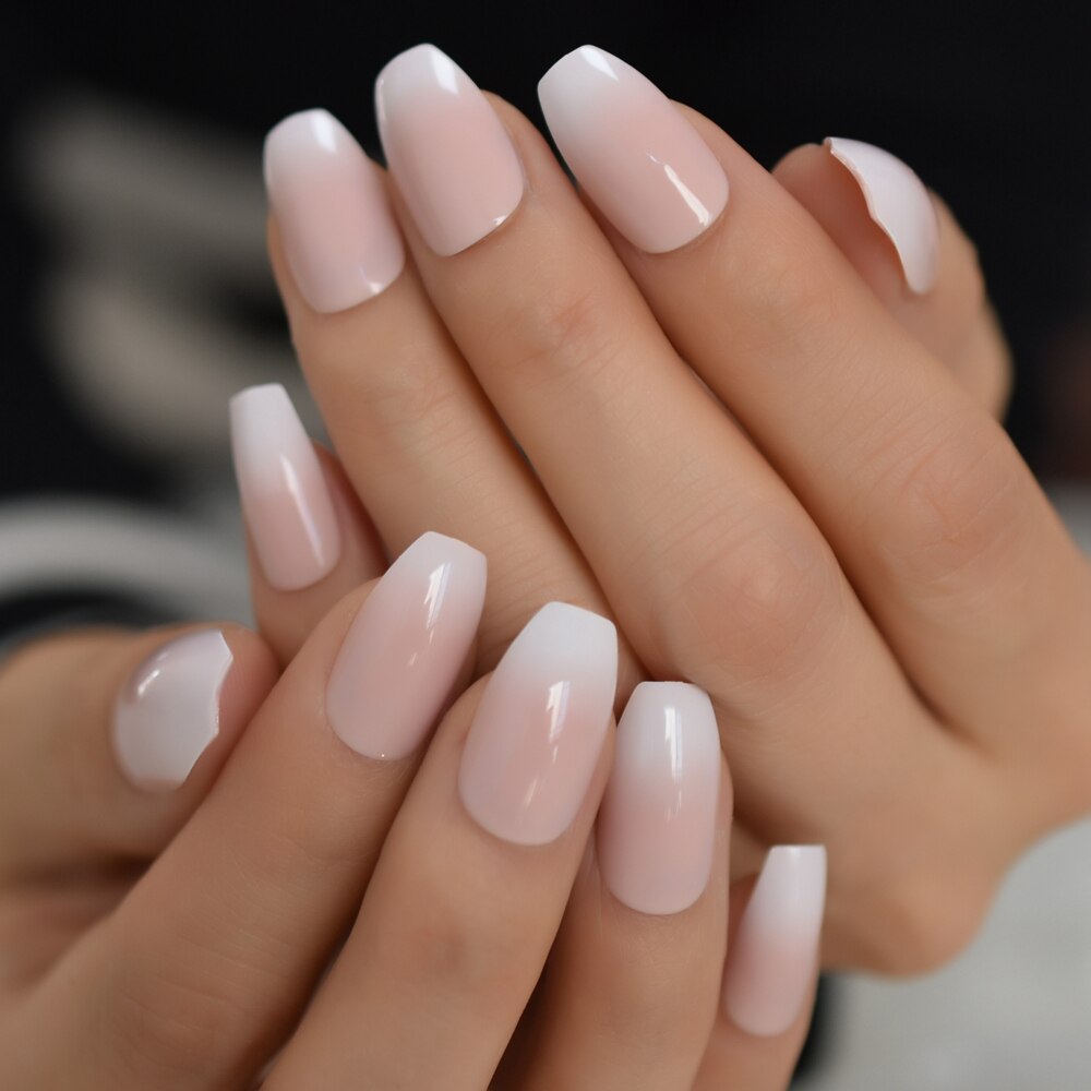 White V Shape French Nails Medium Stiletto Press On Nails Natural Color Predesigned Tips with Glue Sticker: L5539