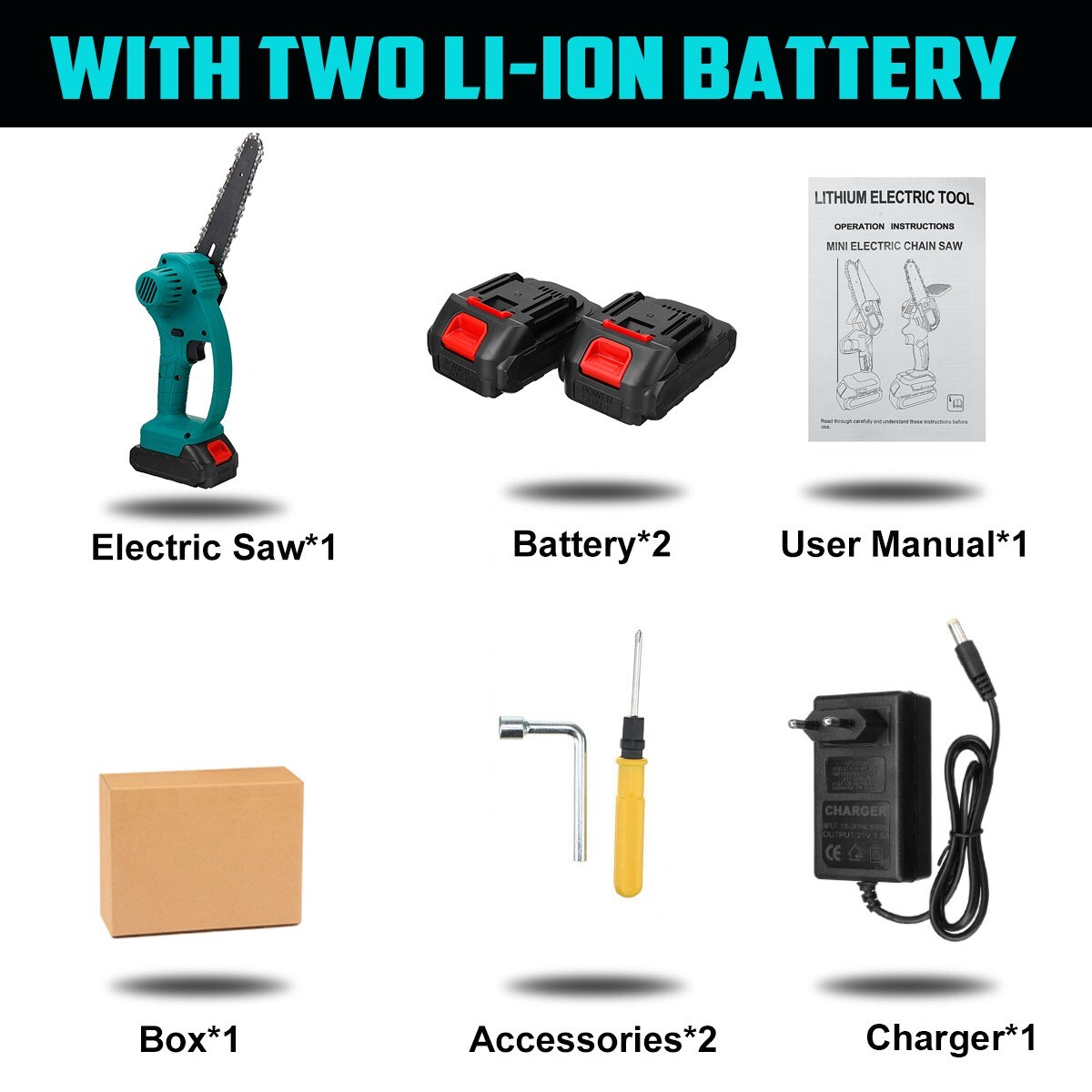 98/68V Mini Elektrische Kettingzaag 6 Inch Elektrische Kettingzaag Draagbare Elektrische Snoeizaag Elektrische Zagen Houtbewerking Met 1/2 Batterij: 68vf with 2 battery / EU