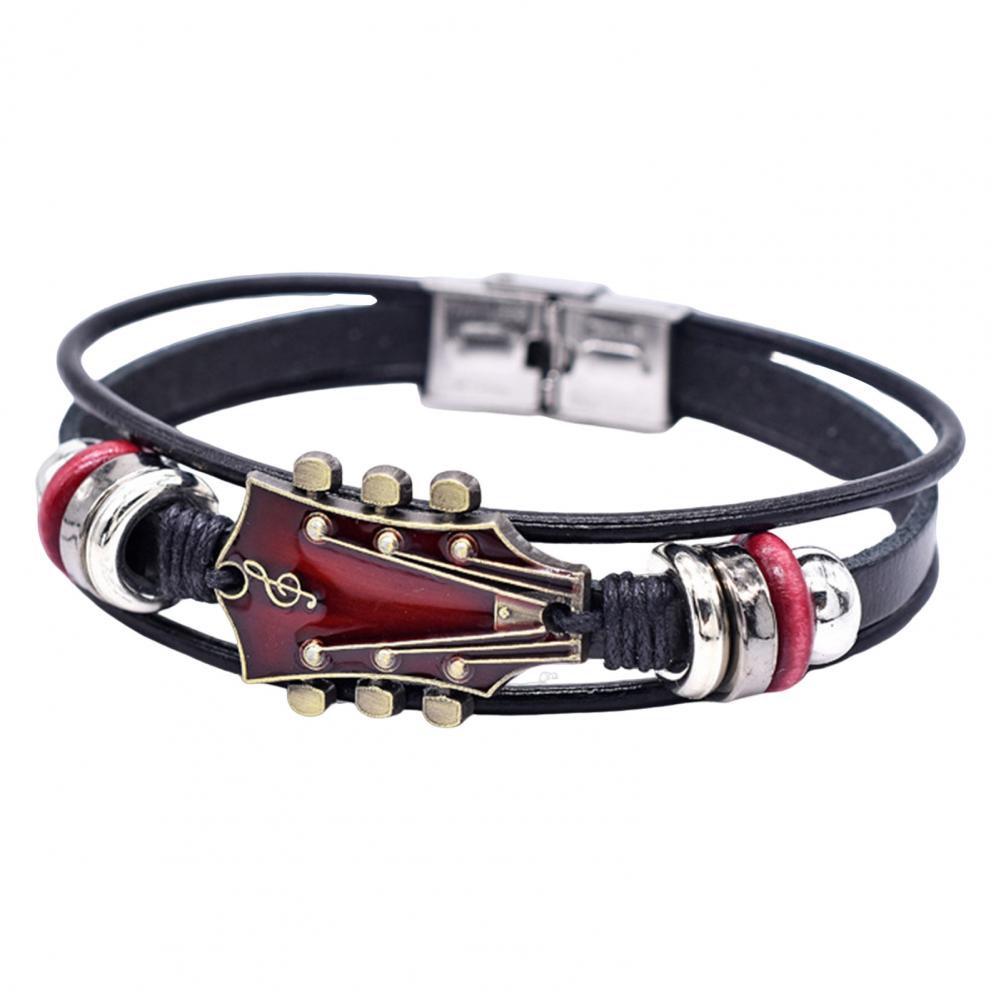 Braided Guitar Bracelet Faux Leather Zinc Alloy Adjustable Buckle Manual Woven 3-layered Retro Punk Wrist Jewelry: Red