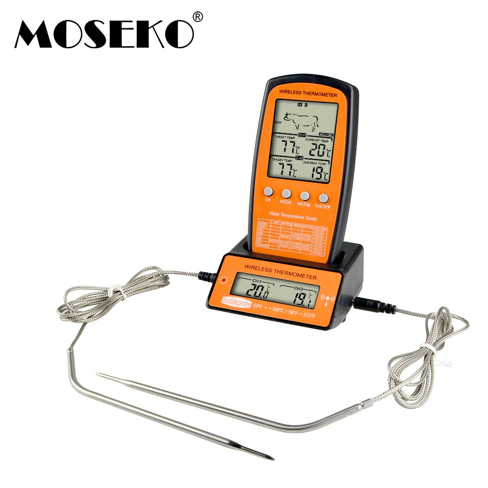 Moseko Draadloze Digitale Backlight Bbq Thermometer Voor Koken Vlees Voedsel Oven Keuken Thermometer Met 2 Probe Temperatuur Alarm