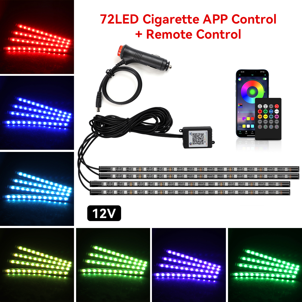 Néon 48 72 LED voiture intérieur ambiant pied lumière avec USB sans fil à distance musique App contrôle Auto RGB atmosphère lampes décoratives: Violet