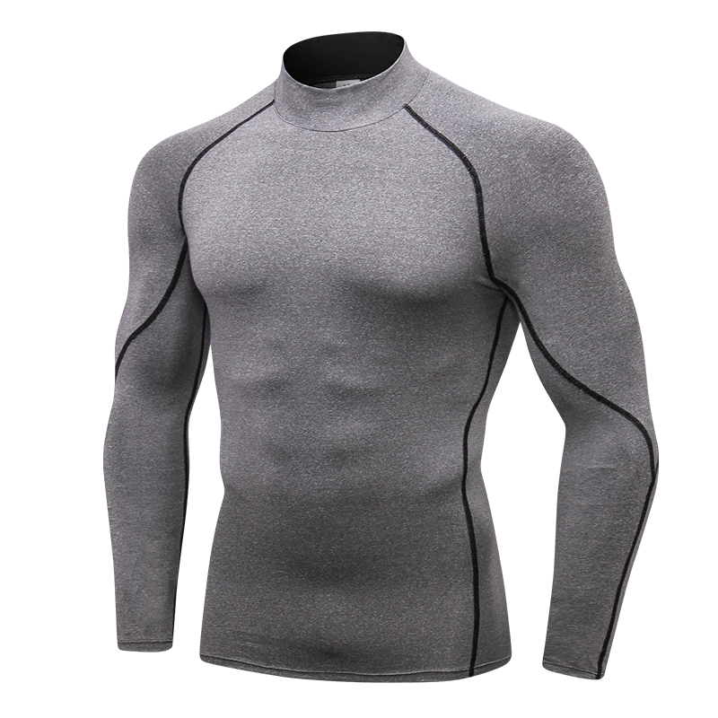 Herren-Kompressionshemden mit Stehkragen und langen Ärmeln, kühl, trocknend, Sonnenschutz, Sport-Strumpfhosen, Unterhemden, Lauf- und Fitnessstudio-Spitzen