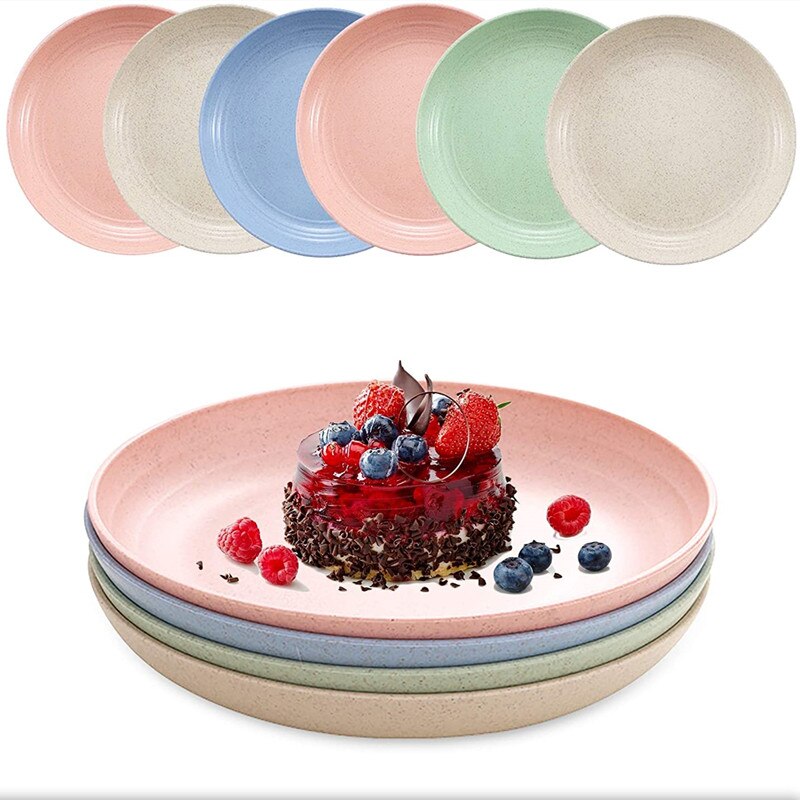 Assiettes à dîner en paille de blé, lot de 6 pièces de 15/20/25cm, légères, incassables, solides, lavables au micro-ondes et au lave-vaisselle: 6pcs Color mixing / 23cm