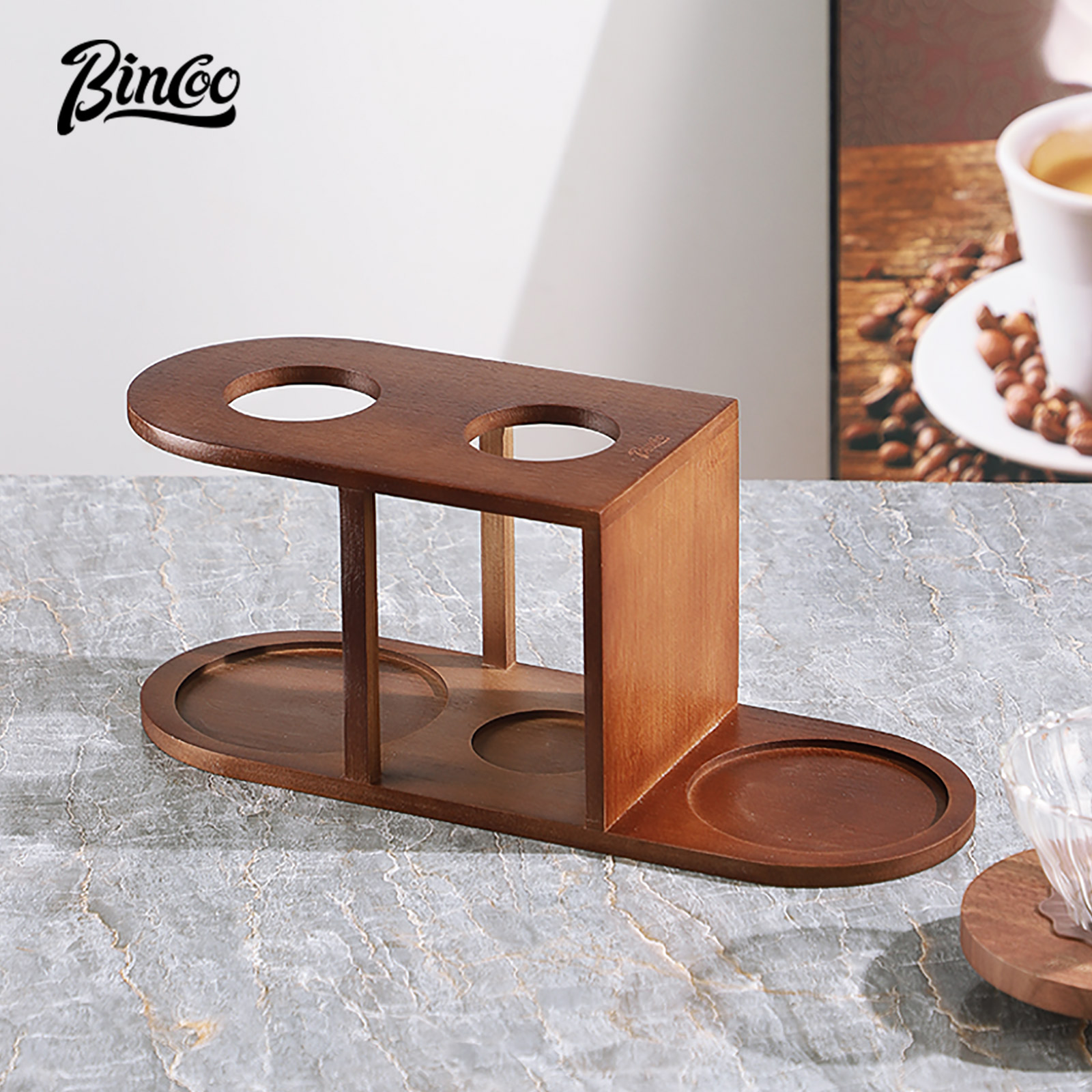 Bincoo rack de armazenamento de moedor de mão de grãos de café, armazenamento doméstico portátil, copo de filtro, suporte especial acessórios de café fabricado à mão
