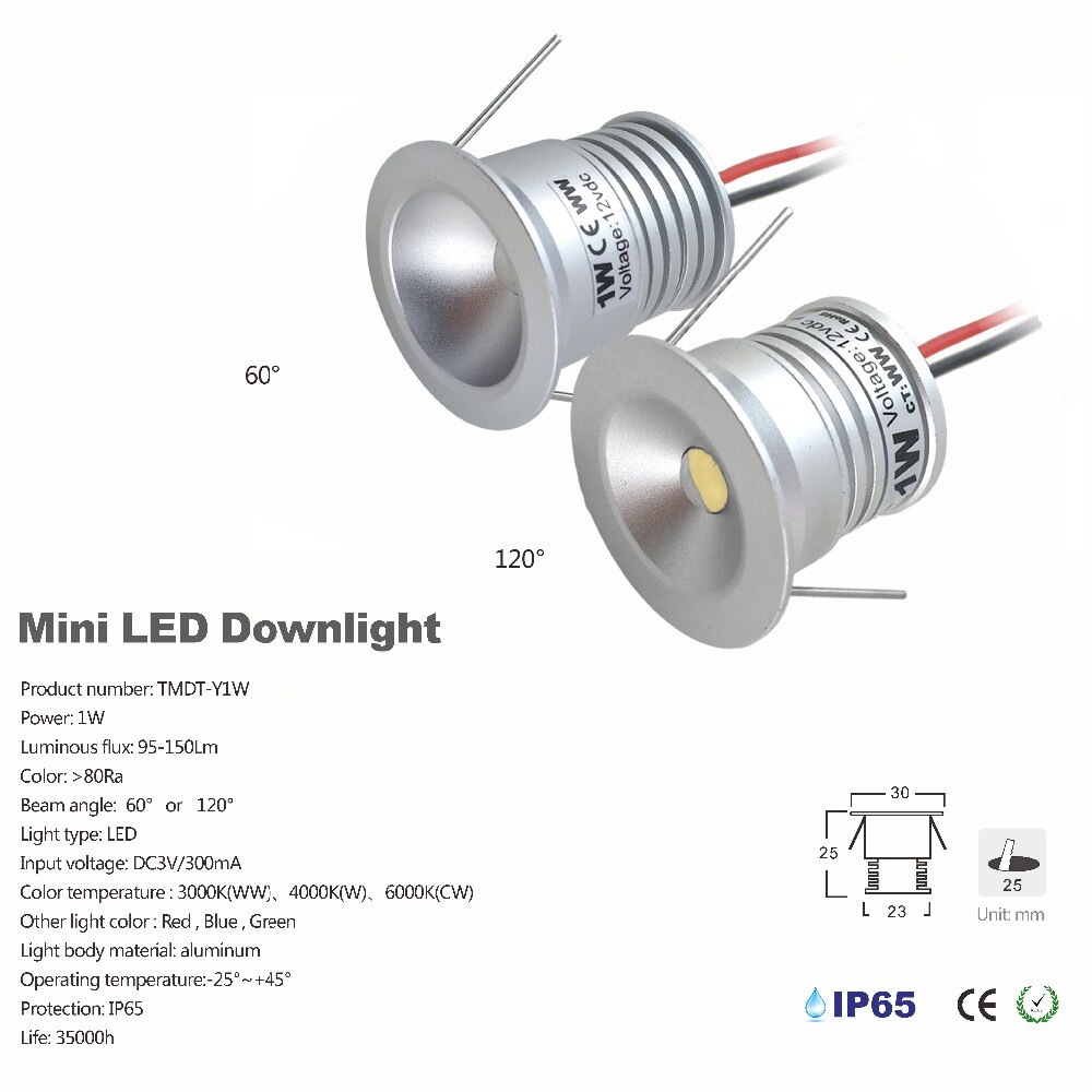 1W Mini Beleuchtung Eingang DC3V/300mA, 25mm Ausschnitt Led Downlight, 60D/120D CE ROHS Hause Dekoration Lampe IP65 12 stücke