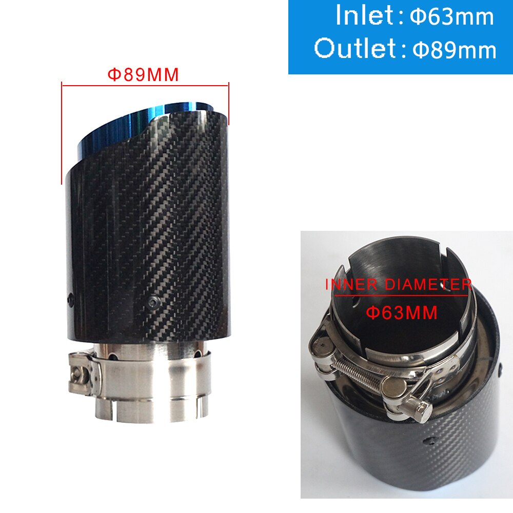Carbon Fiber Tail Throat Blue Burned Straight Edge Single Carbon Fiber Car Exhaust Pipe Muffler End Tip Tailpipe: In63-Out 89 mm