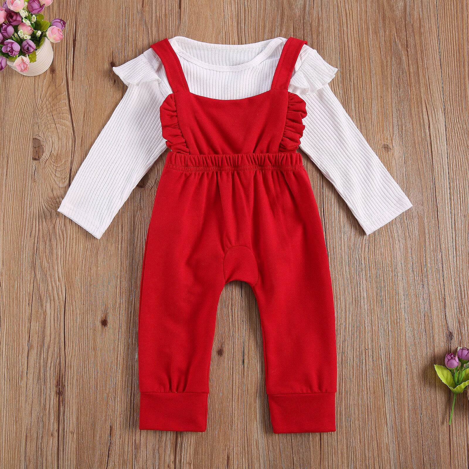 FOCUSNORM 0-24M Autumn Infant Baby Girls Boys Clothes Sets Solid Ruffles Long Sleeve Romper Tops+Bib Overalls Pants 5 Colors