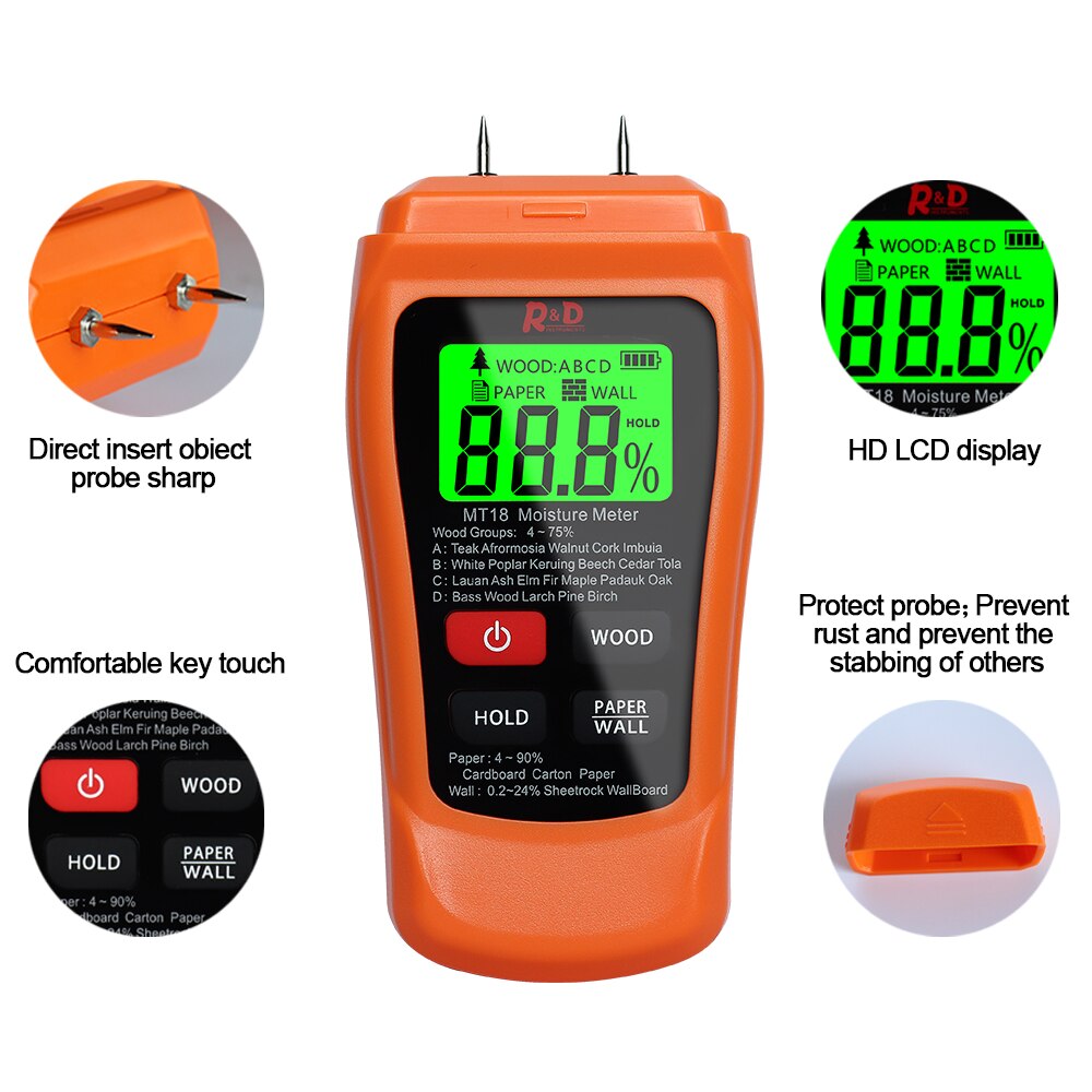 Medidor Digital de humedad de madera, higrómetro de pared, Detector de humedad de madera, 2 pines, naranja, MT-18, 0-99.9%