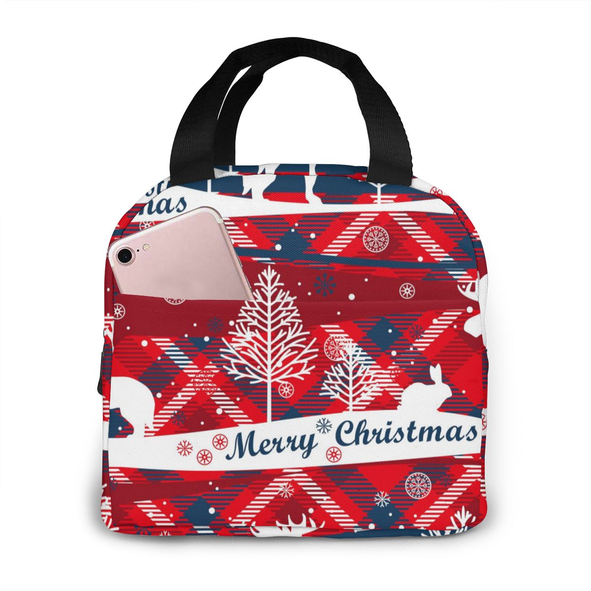 Merry Christmas Red Truck With Tree Lunch Bag Portable Insulated Thermal Cooler Bento Lunch Box Tote Picnic Storage Bag Pouch: Black 5