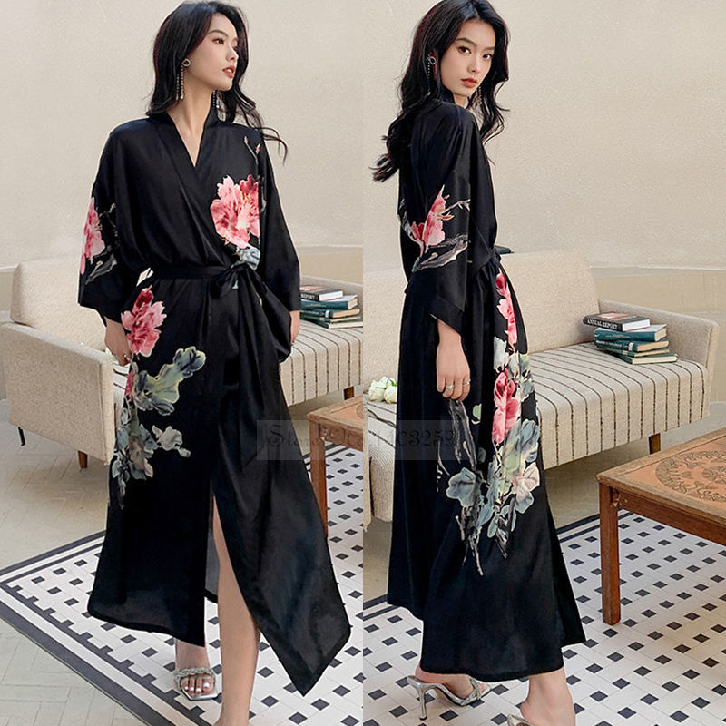 Albornoz tipo kimono largo con estampado de flores para mujer, bata de boda Sexy de media manga, camisón de rayón para primavera y verano, vestido para casa, ropa de dormir