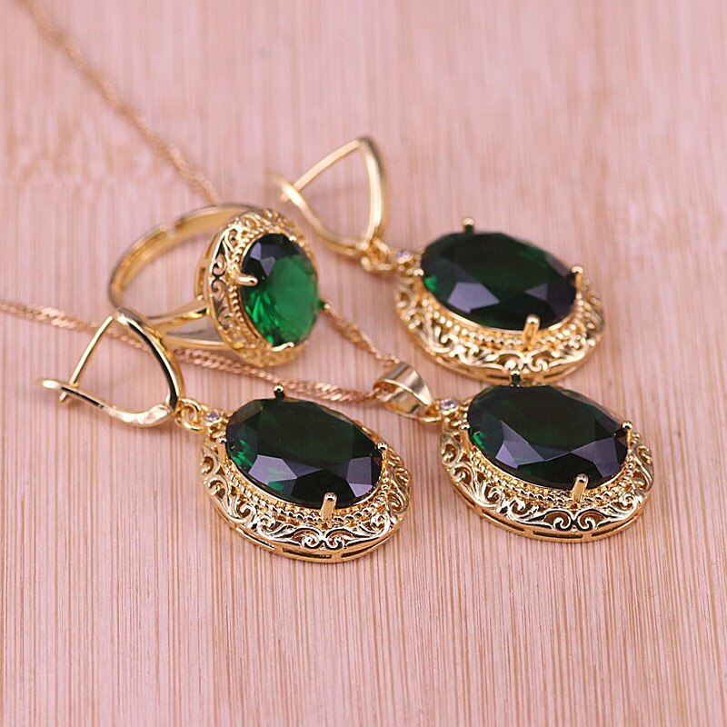 Risenj Dubai Luxe Stijl Vele Kleuren Grote Rode Steen Goud Kleur Sieraden Voor Vrouwen Verstelbare Ring Ketting Set: green