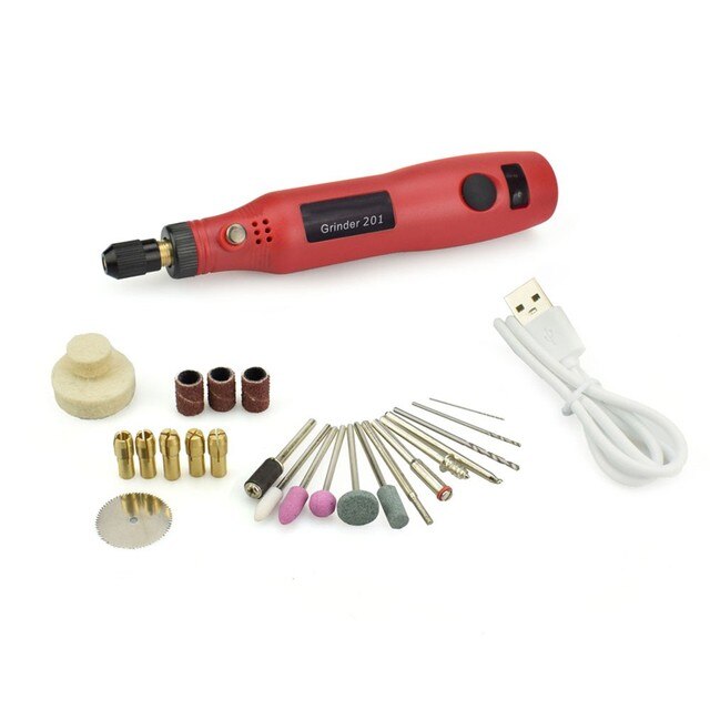 Mini perceuse sans fil, stylo à découper électrique, vitesse Variable USB, perceuse sans fil, Kit d&#39;outils rotatifs, stylo graveur pour meulage Poli 28 pièces: Red