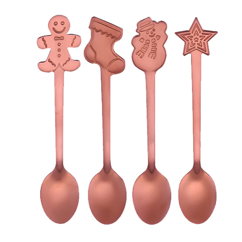 4Stck Edelstahl bunte Weihnachten Kaffee Löffel Griff Löffel Besteck Eis Trinken Werkzeug Weihnachten Hütte Besteck H5: Rose Gold