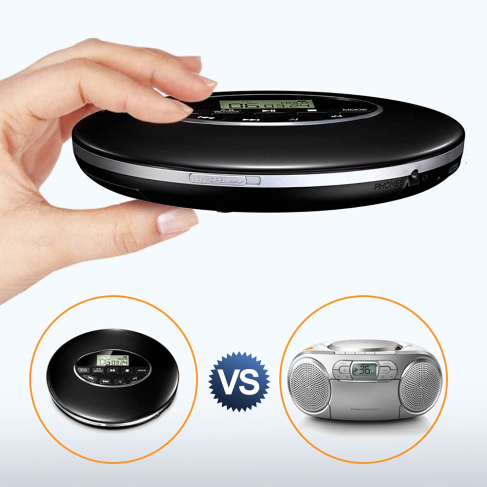 Multifunktionell bärbar cd -spelare kompakt bilstöd tf -kort rund 3.5mm -jack batteridriven anti -hoppa över liten musik usb aux: Svart bluetooth