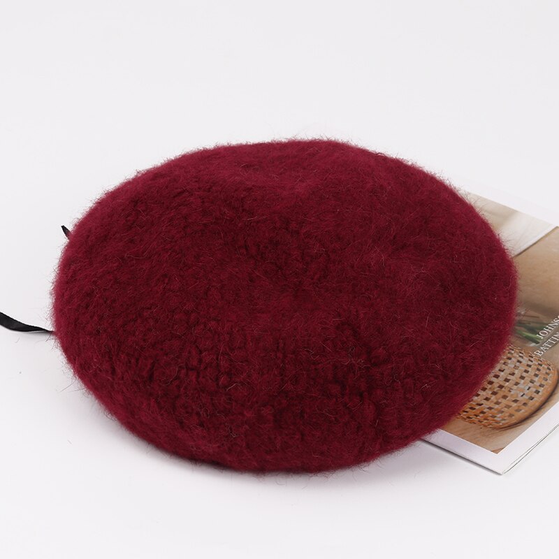 Luna&amp;Dolphin Women Fine Wool Hairy Berets Pumpkin Peacock Blue Knitting Artist Cap Winter Warm Mocha Painter Beanie Hat: wine red