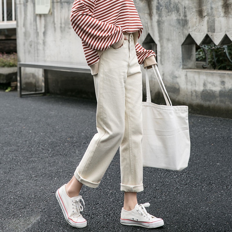 Kvinder harem jeans bukser høj talje løse hvide denim mom jeans kvindelige sorte knapper bukser forår streetwear