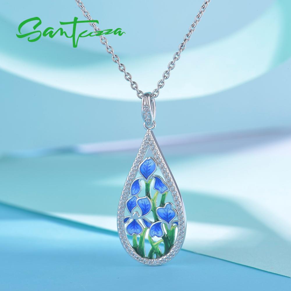 SANTUZZA Silver Flower Pendant For Women 925 Sterling Silver HANDMADE Enamel Blue Petal Pendant Fit For Necklace Jewelry