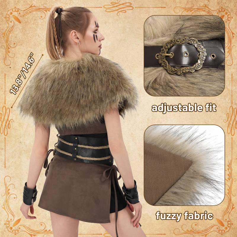 Dazcos viking faux fur scarf and cloak with medieval brooch, fur collar for larp costume accessories