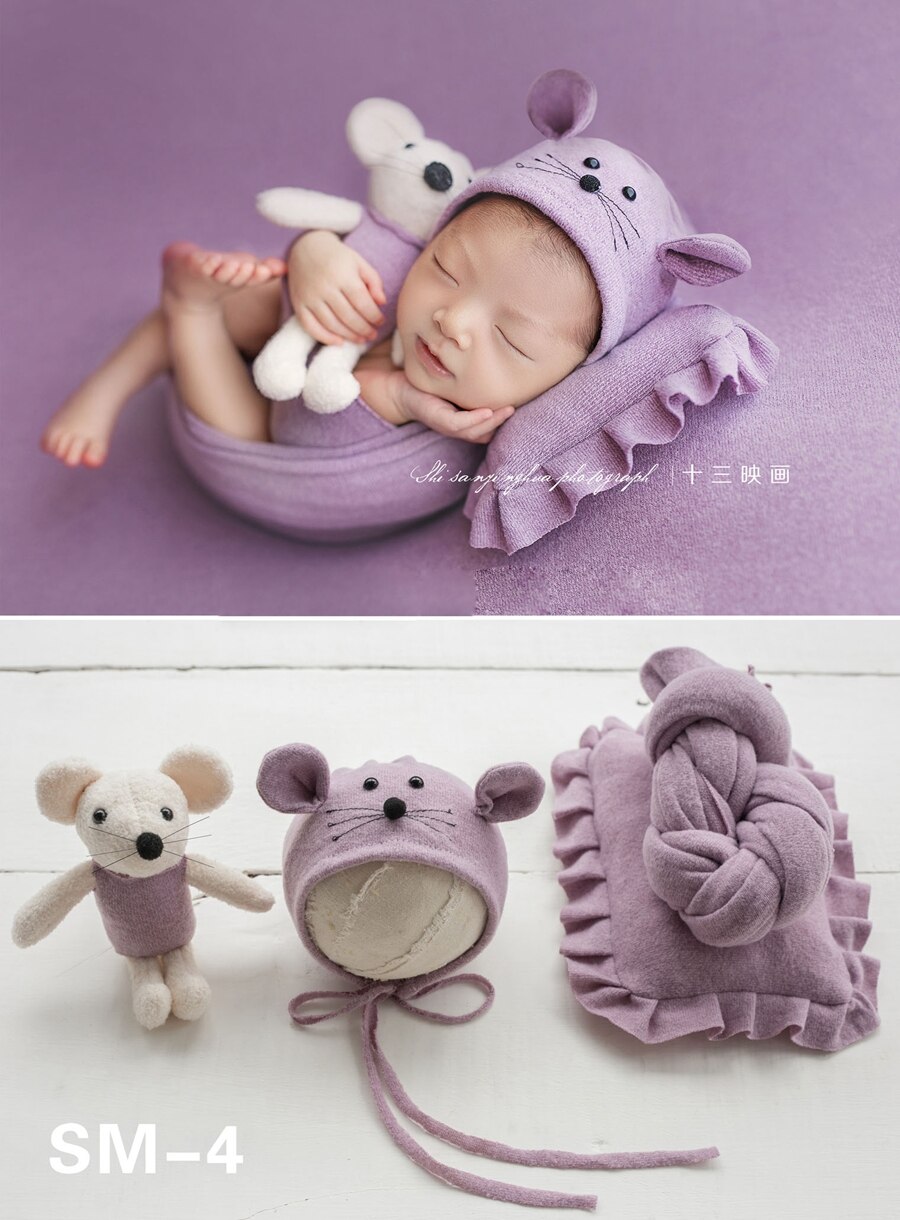 4 stk / sæt nyfødte fotografering rekvisitter baby mus wrap wrap, animal baby wrap til fotostudie baby skyde tilbehør: 4