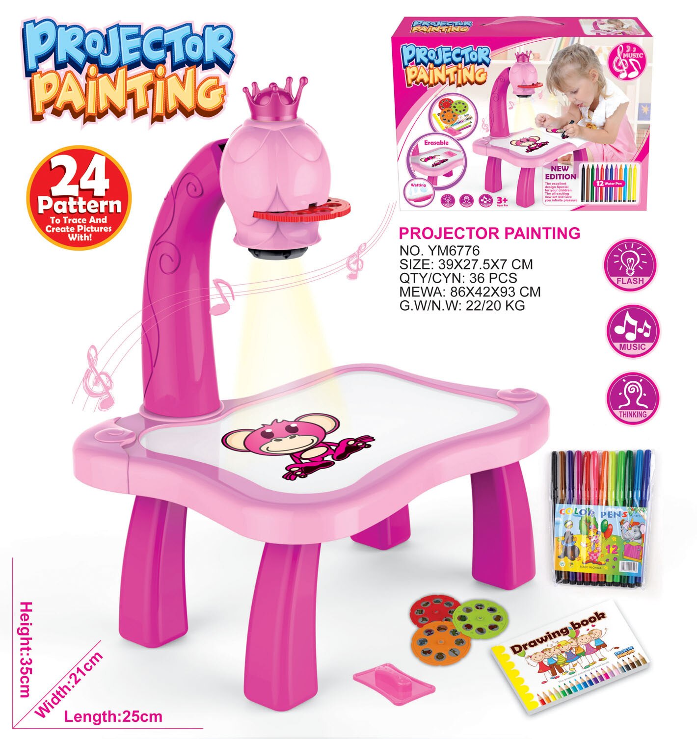 Kinderen Led Projector Art Tekening Tafel Speelgoed Kinderen Schilderen Board Bureau Arts Ambachten Educatief Verf Gereedschap Speelgoed Voor Meisje: Roze