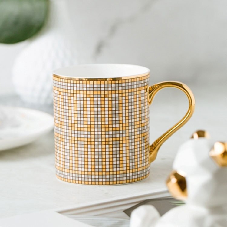 Tasse à café de luxe de Style britannique, 350ml, avec rayures dorées, en porcelaine, pour Couple, avec boîte: Mosaic (689)