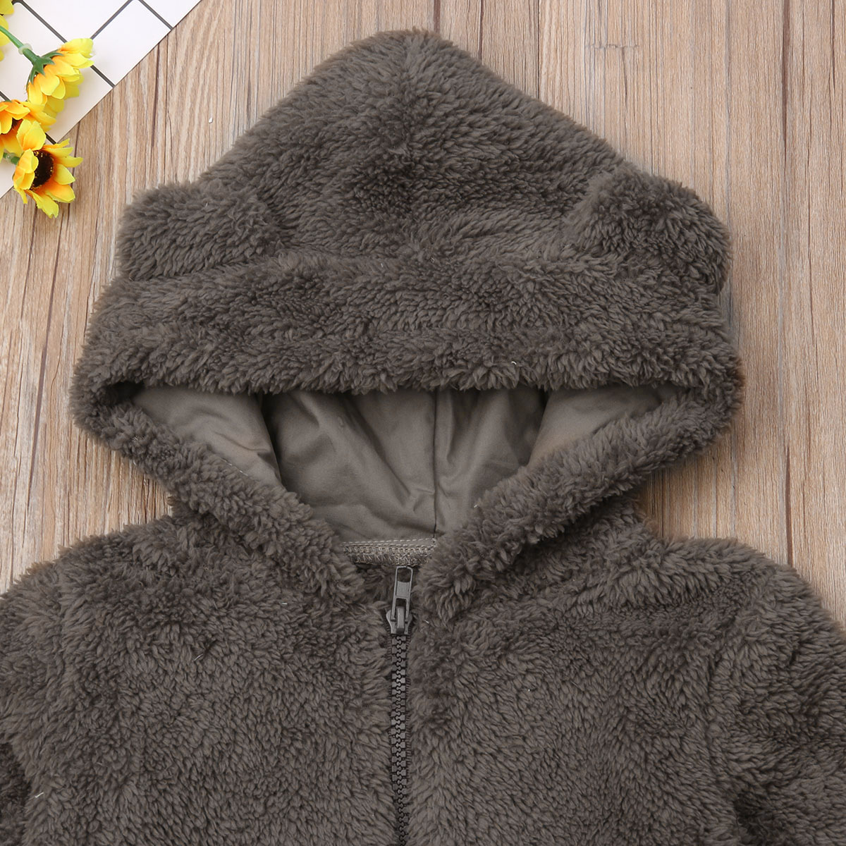 Winter Warm Cute Toddler Baby Girls Boys Fur Romper Ears Hooded Zipper Solid Long Sleeve Jumpsuits Romper 2 Colors