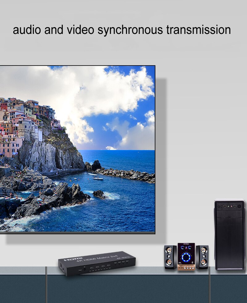4K@60Hz HDMI Matrix 2x4 Matrix HDMI Switch 2 In 4 Out HDMI Splitter Switcher Audio Extractor PC To 4 TV Screen Monitor Display