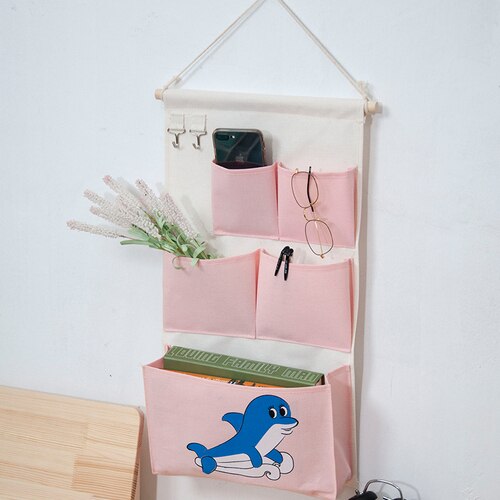 Canvas Storage Hanging Bag Wall Hanging Door Dormitory Hanging Bag 5 Pocket Space Sundries Hanging Organizer: Pink Fish
