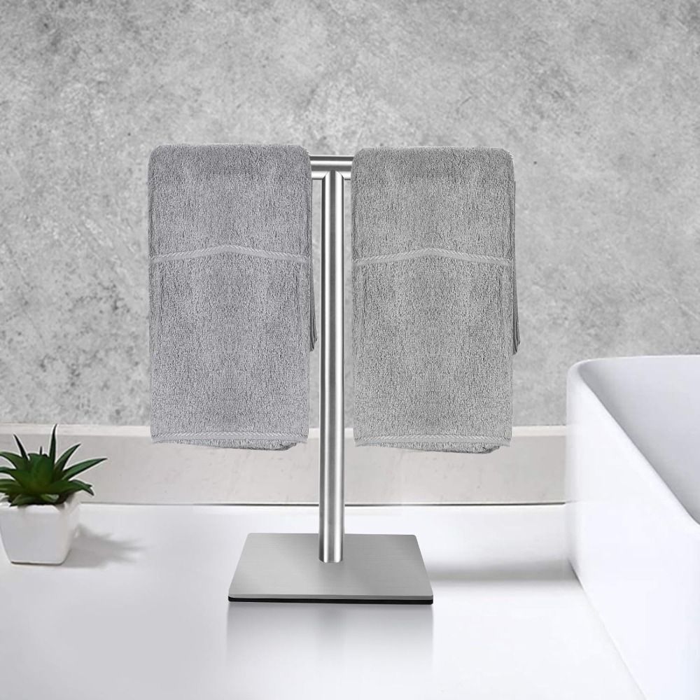 Stainless Steel Bath Towel Stand T-Shape Modern Style Bathroom Towel Hanger Waterproof Creativity Towel Bar Rack Countertop