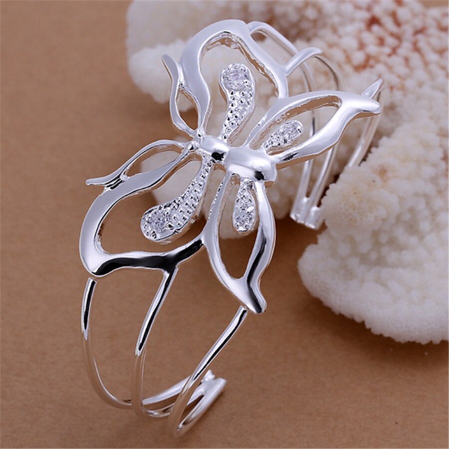 925 Sterling Silber Armbänder für Frauen Zirkon große Schmetterling breite Armbinde einstellbar Schmuck -Party Mädchen Schüler