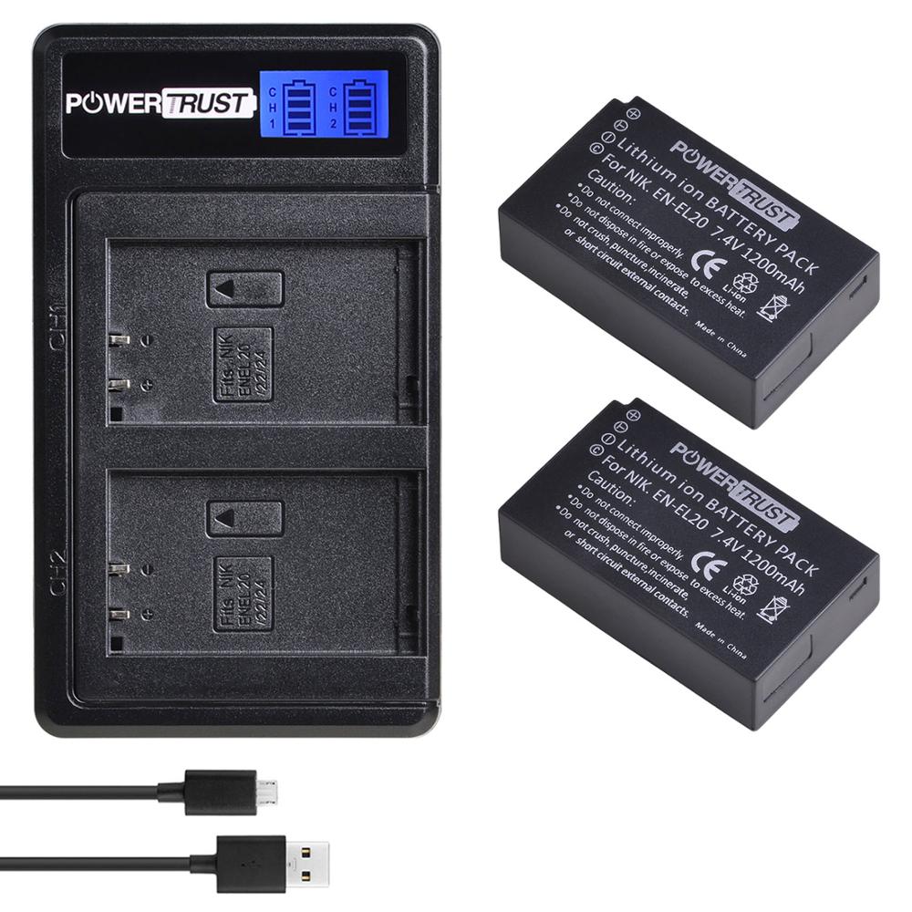 2 stk en -el20 en el20 enel 20 en el20a batteri og lcd dobbel lader for nikon coolpix  p1000 nikon 1 j1, j2, j3 nikon 1 aw1: 2 batterier og lader