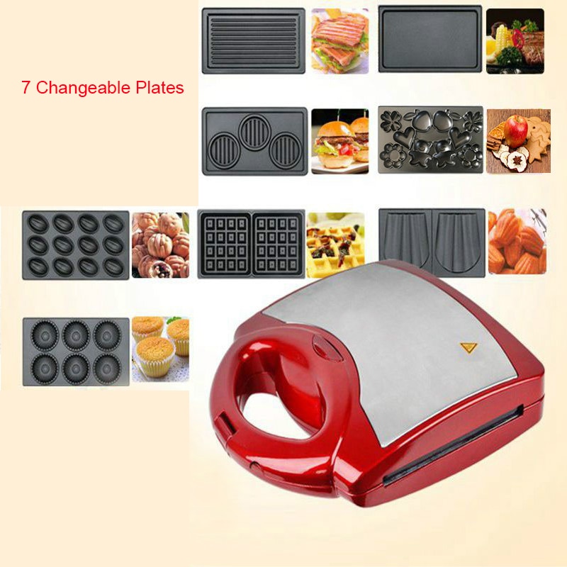 Multifunction Electric Egg Waffle Maker Donut Walnut Cake Machine Ice Cream Cone Sandwich Iron Toaster 7 Changeable Plates