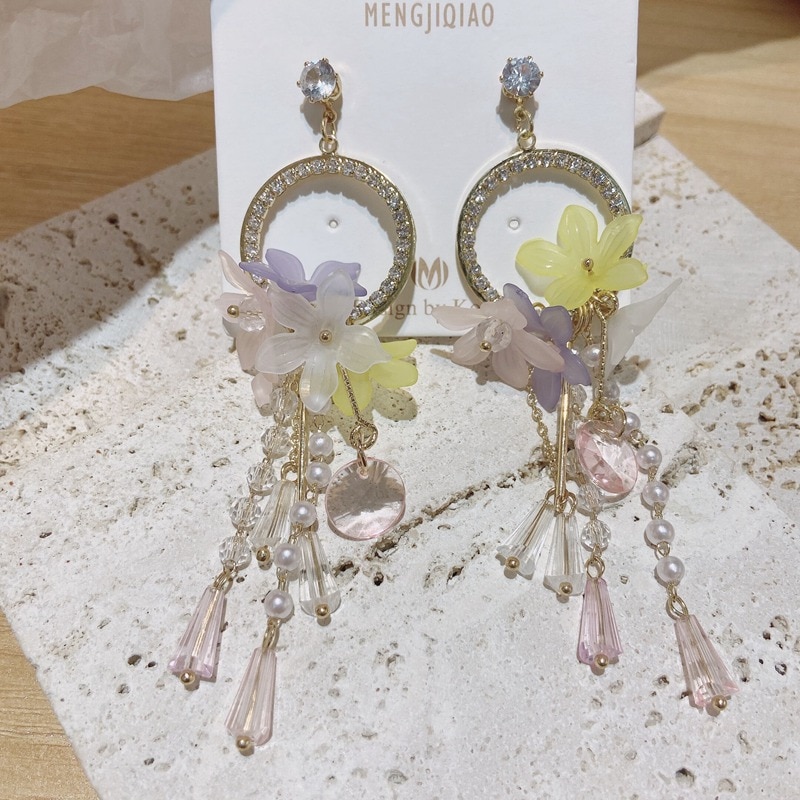 MENGJIQIAO Koreanische Elegante Strass Kreis Kristall Quaste Ohrringe Für Frauen Mädchen Acryl Blume Ohrringe Schmuck