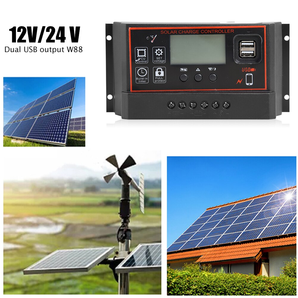 Dual LCD Solar Panel Charger Controller Regulator USB Auto Solar Battery Output Charge Controller Panels 12V 24V