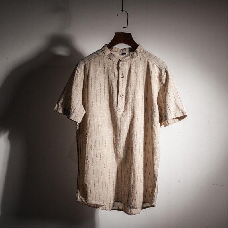 Camisa Algodón Lino Hombre - Rayas Verticales - Cuello Mao Manga Corta - Pulóver Casual