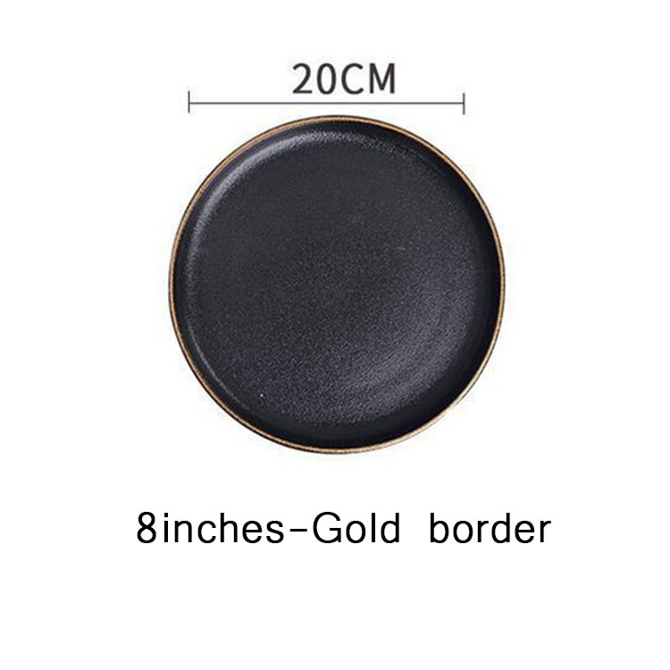 Phnom Penh Ceramic Plate Western Steak Plate Dishes and Plates Sets Black Matte Scratch-resistant Pendulum Fruit Plate Dish: Gold border-8inches