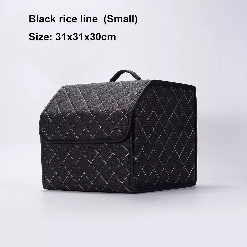Car storage bag PU leather trunk storage box storage bag foldable car trunk storage and finishing high-end luxury storage box: Black rice small