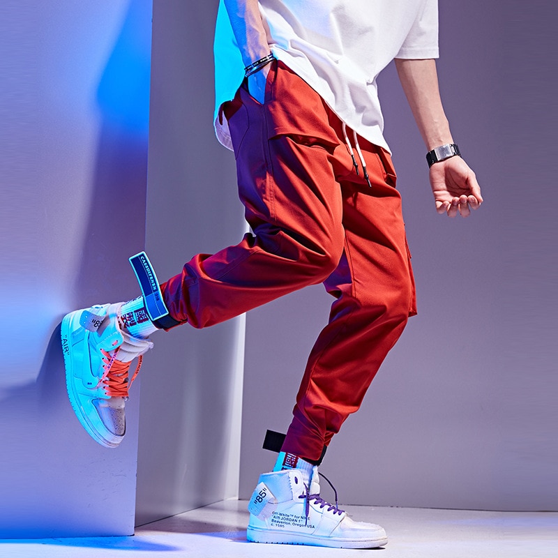 Mænd rød elastisk talje haremsbukser mænd streetwear punk hip hop fritidsbukser joggers mænd dansende bukser joggingbukser  wg244