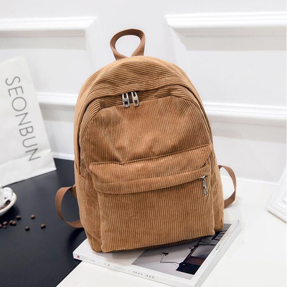 Women Backpack Preppy Style School Bags Soft Fabric Travel Backpack Corduroy Bookbag for Teenage Girls Striped Small Backpack: Khaki