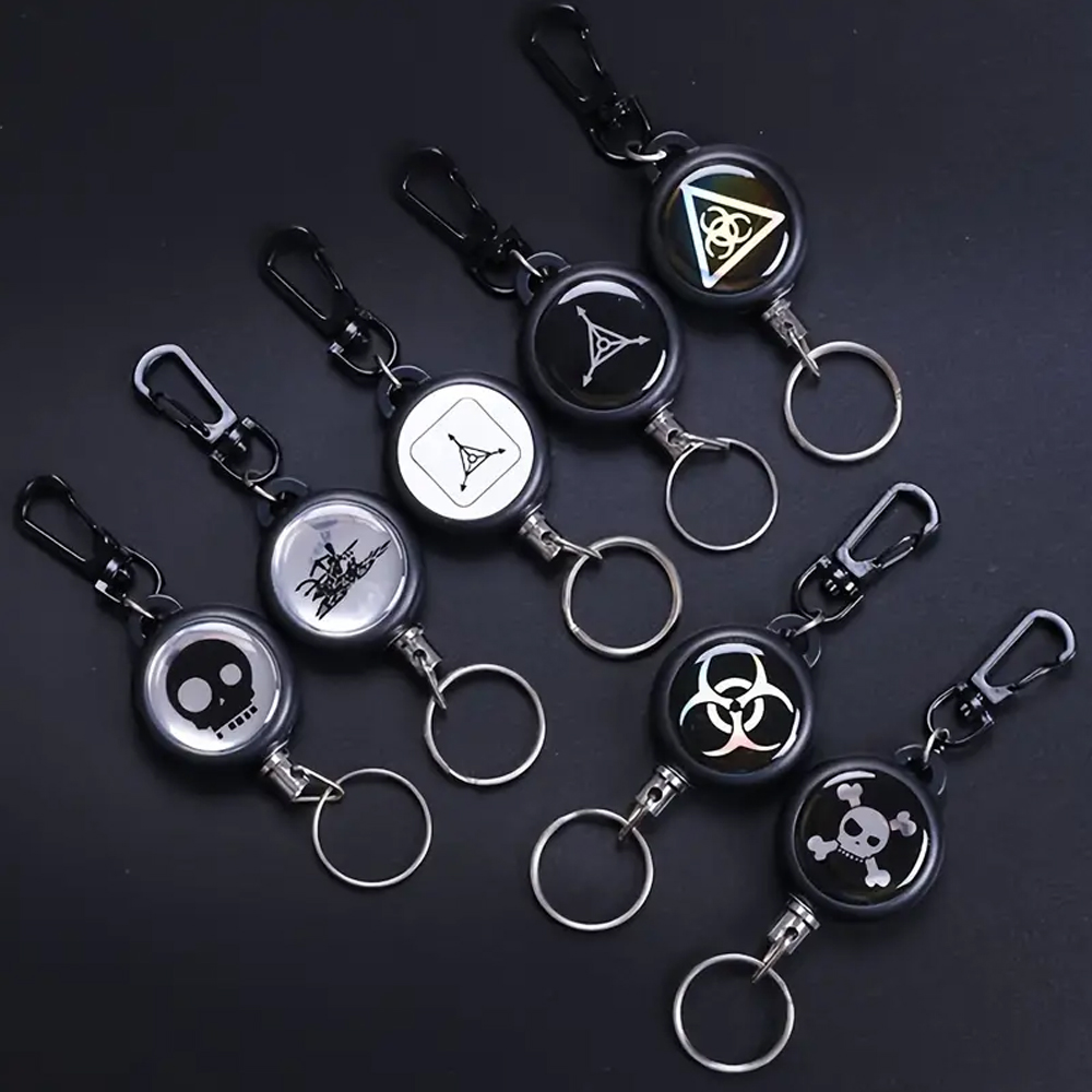 LLavero retráctil negro, llavero con insignia de identificación antipérdida con cuerda de alambre de acero elástica, accesorios para mochila, herramienta para exteriores