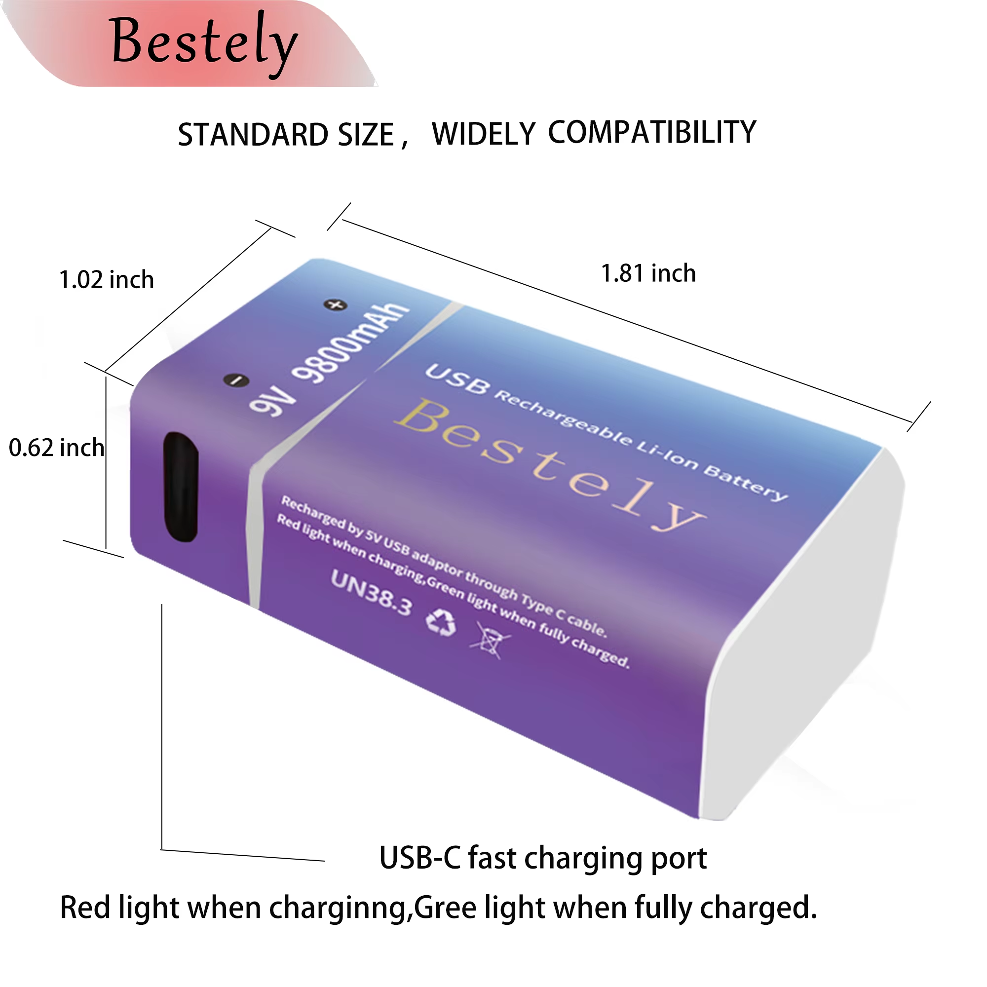 9V oplaadbare lithiumbatterij, 9800mAh langdurige 9v Li-ionbatterijen met kabel, voor rookmelder, alarmen, microfoon