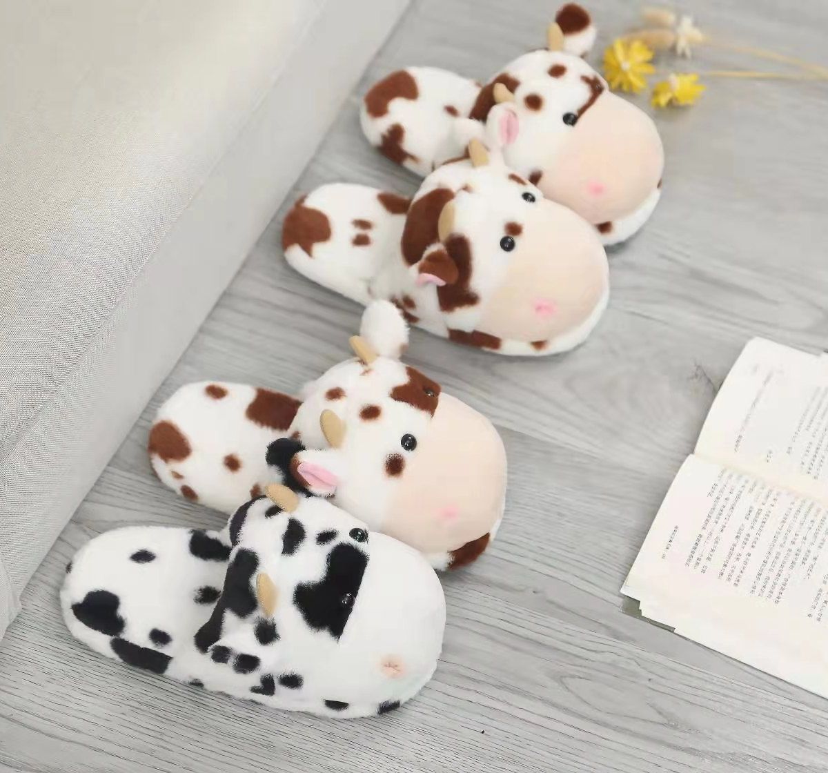 Kawaii Cow Plush Home Slippers Girls Home Non-slip Slippers Cute Animal Home Shoes Indoor Home Cow Cotton Slippers