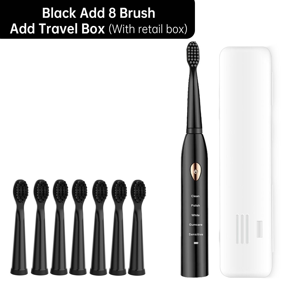 5 modus Smart Elektrische Zahnbürste Automatische Ultra sonic Sonic Zahnbürste Erwachsene IPX7 Wasserdichte USB Aufladbare Zähne Pinsel: Black 8 Brush Box
