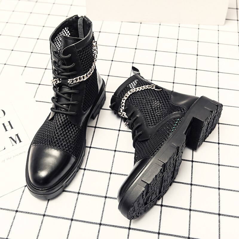 Stivaletti da uomo estivi Punk Rock Mesh catena in pelle stivali a punta tonda stivali da moto da discoteca traspiranti scarpe Casual 46