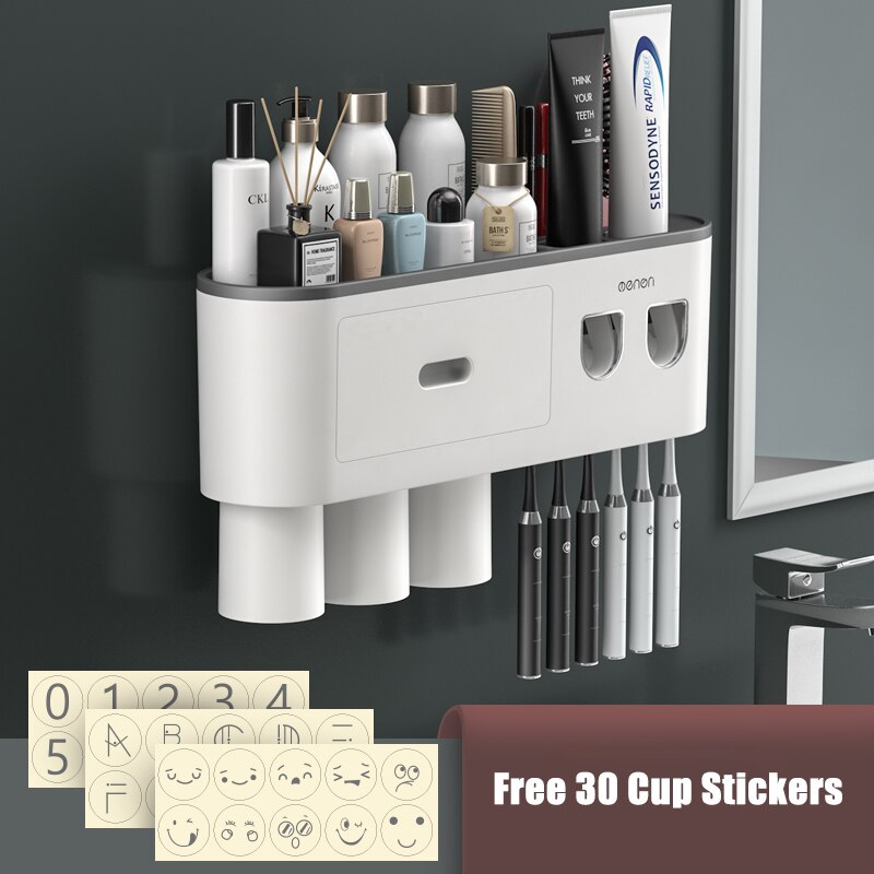 Magnetic Adsorption Inverted Toothbrush Holder Double Automatic Toothpaste Squeezer Dispenser Storage Rack Bathroom Accessories: Gray with 3cups