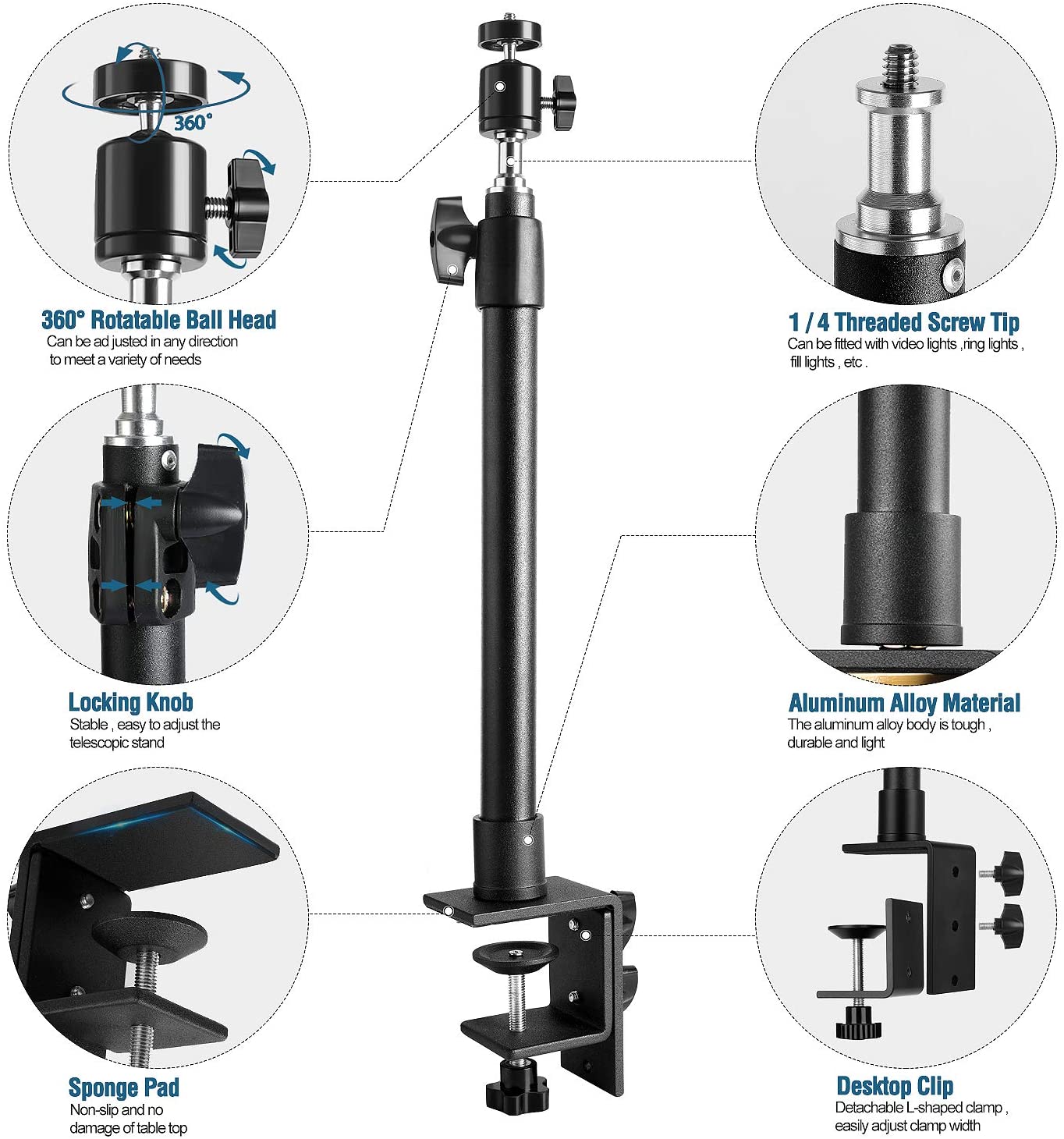 Universal Table Desk Clamp Mount with 1/4' Screw Tip with 360 degree Rotatable Ball Head for DSLR Camera/Ring Light/Video Light