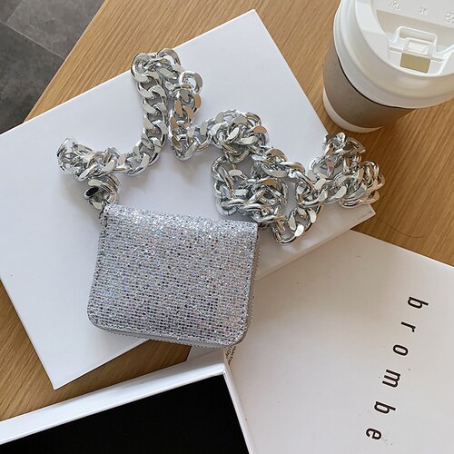 DKQWAIT Shoulder Bag - Small Square Flap Bag - PU Leather - Zipper Closure - Party & Evening: Silver