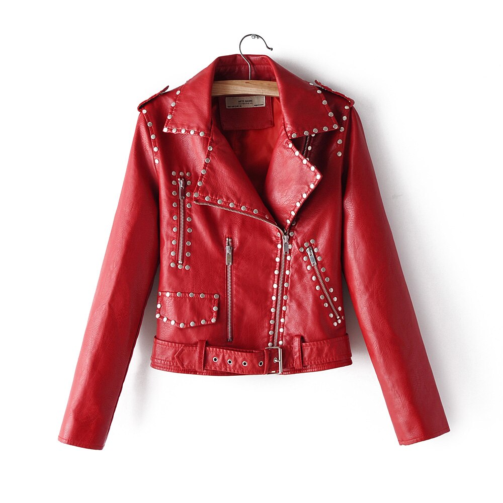 Chaqueta de cuero negro de piel de imitación de cuero de manga larga de motociclista de mujer chaquetas y abrigos casuales chaquetas cuero mujer: Rojo / M