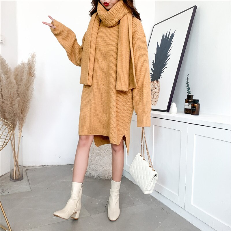 [EAM] Vestido largo de punto Irregular con bufanda cuello redondo manga larga suelta Fit Otoño Invierno 1DA701: Yellow